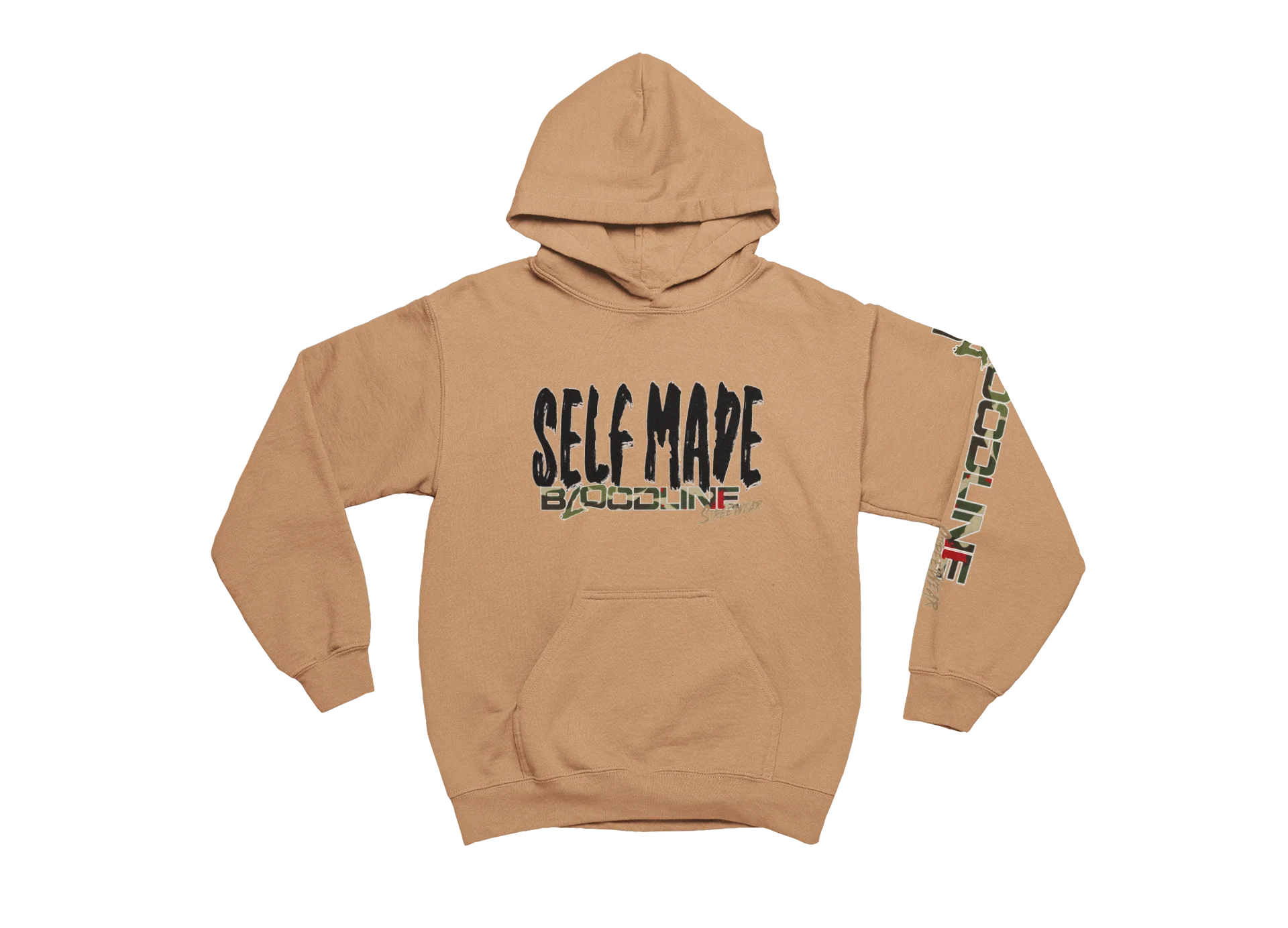old gold hoodie with 'Self Made' text on a white background