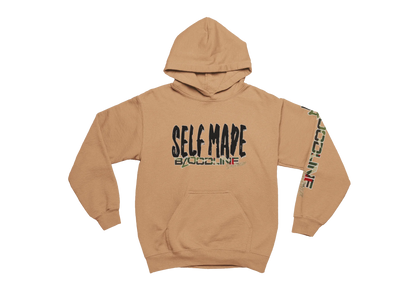 old gold hoodie with 'Self Made' text on a white background