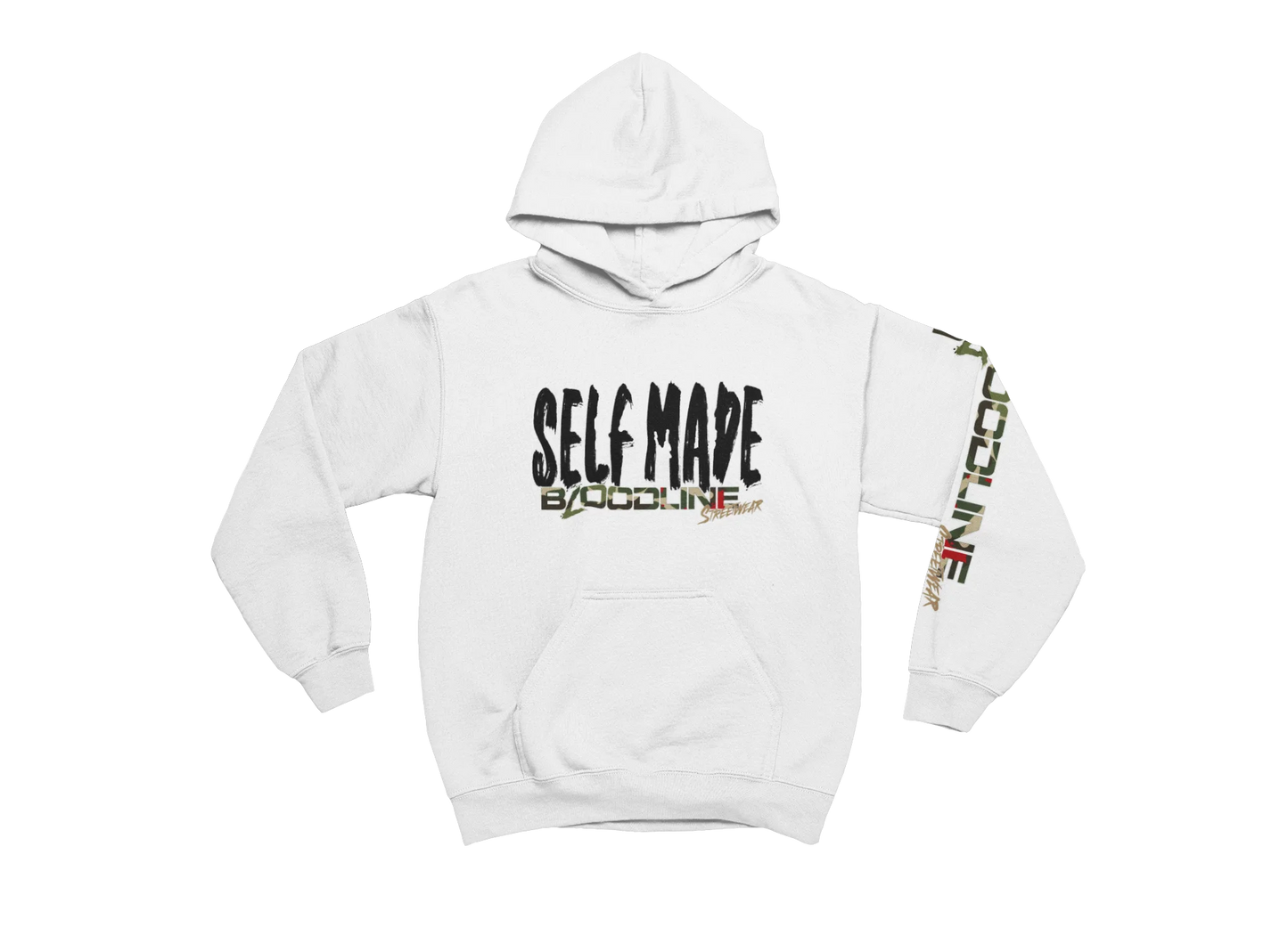 White hoodie with 'Self Made' text and colorful design on sleeve against a white background