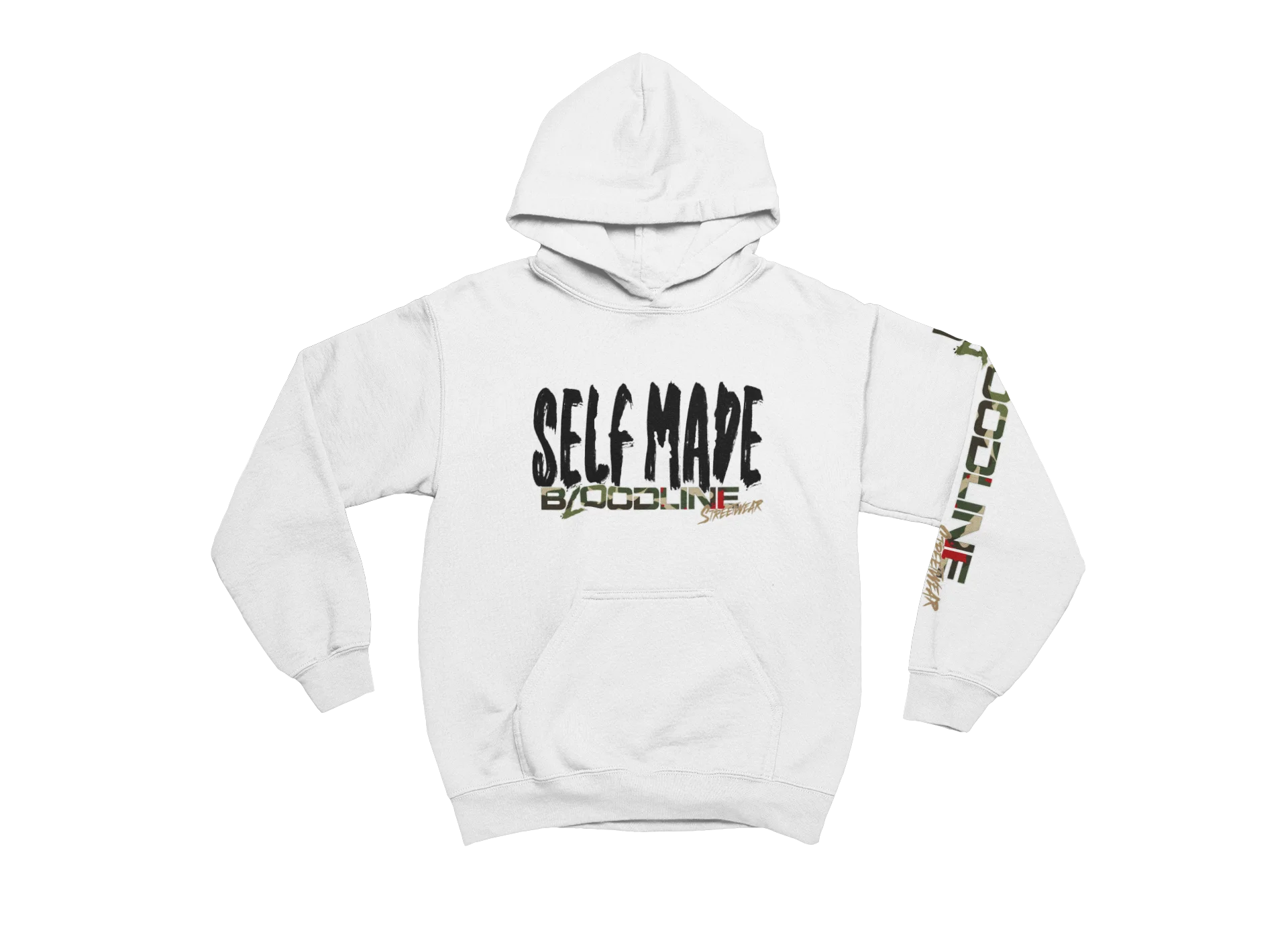 White hoodie with 'Self Made' text and colorful design on sleeve against a white background