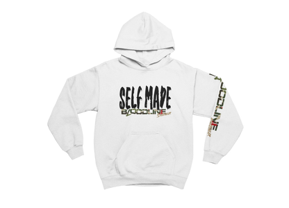 White hoodie with 'Self Made' text and colorful design on sleeve against a white background