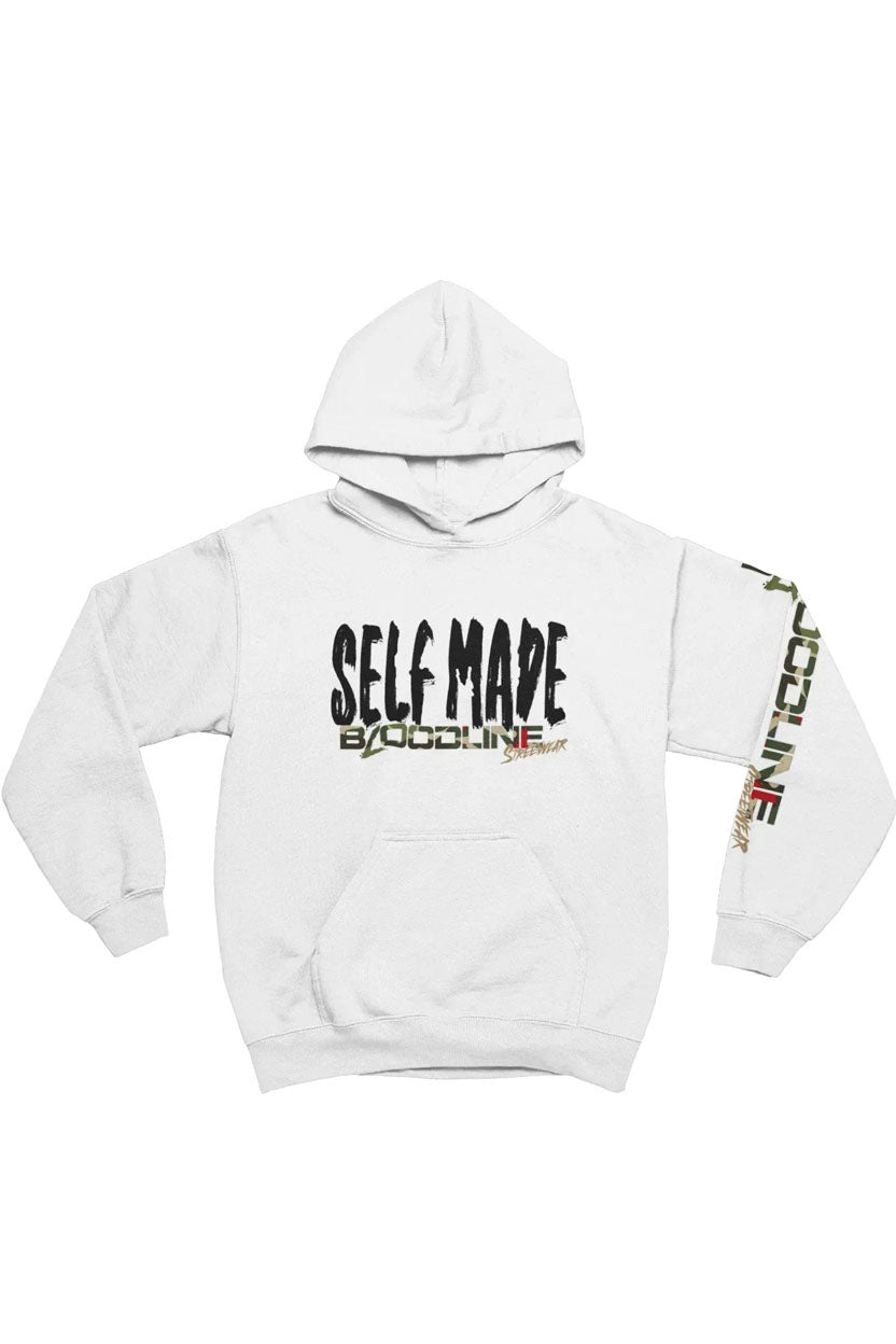 White hoodie with 'Self Made' text and colorful sleeve design on a white background