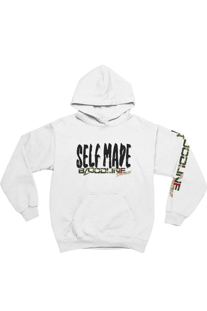 White hoodie with 'Self Made' text and colorful sleeve design on a white background