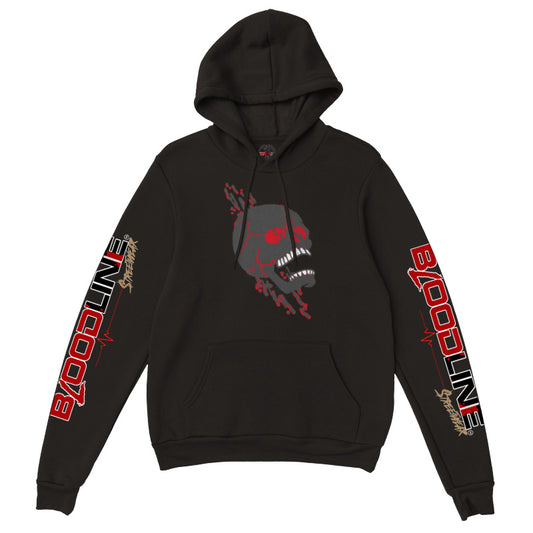 Black hoodie with a skull design and branding on sleeves against a white background