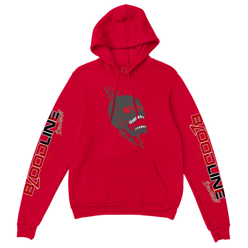Red hoodie with a graphic design on a white background