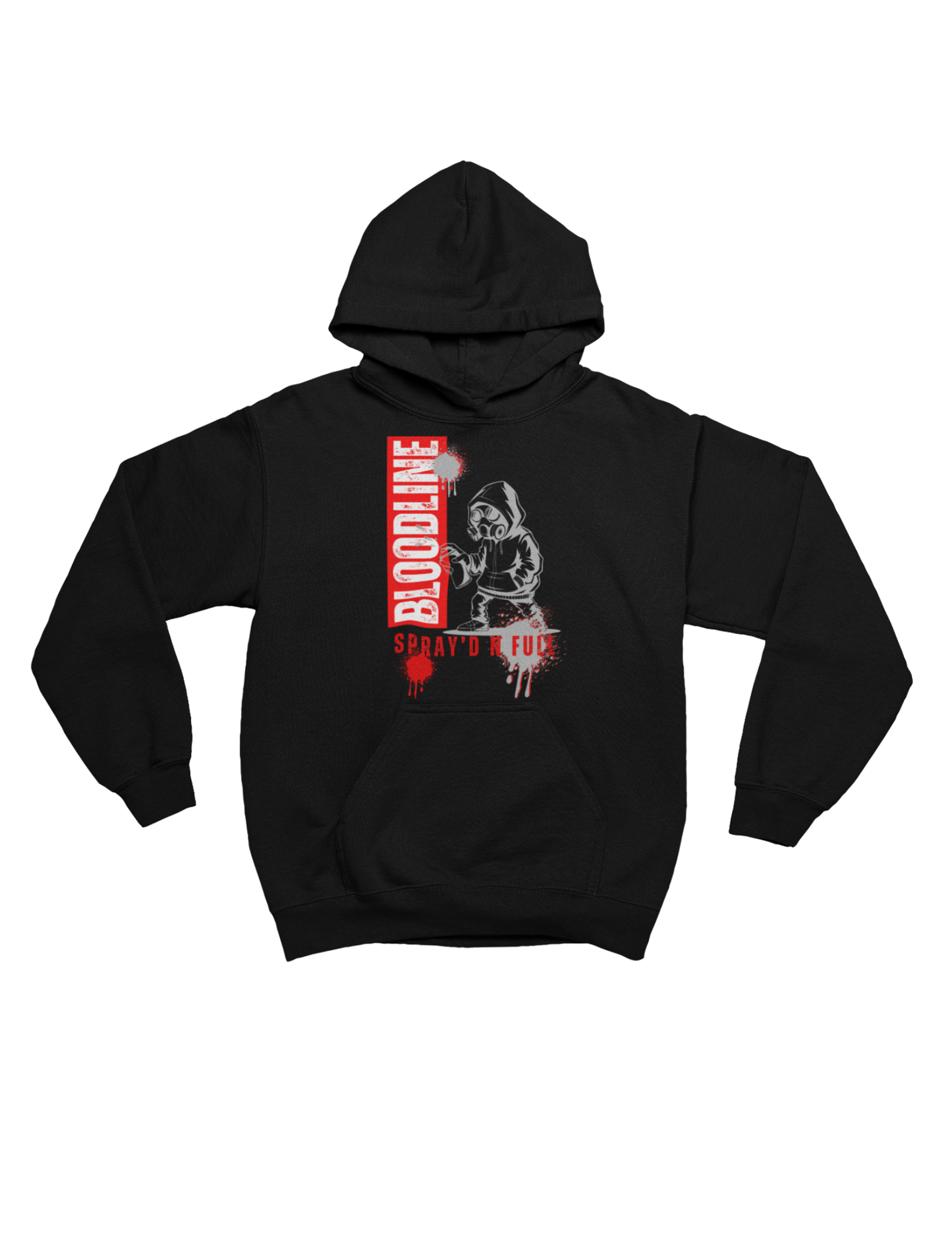 Black hoodie with graphic design on a white background
