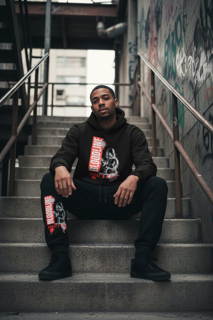Man sitting on stairs wearing a black hoodie with graphic designs and text.