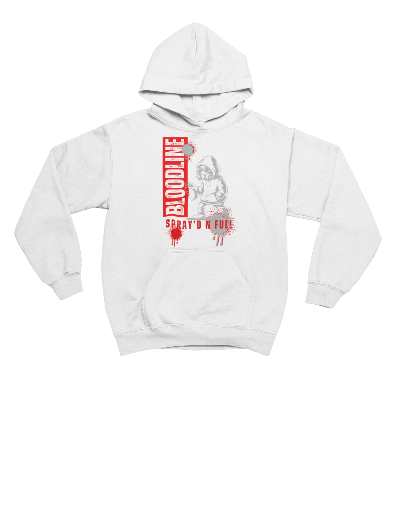 White hoodie with graphic design on a white background