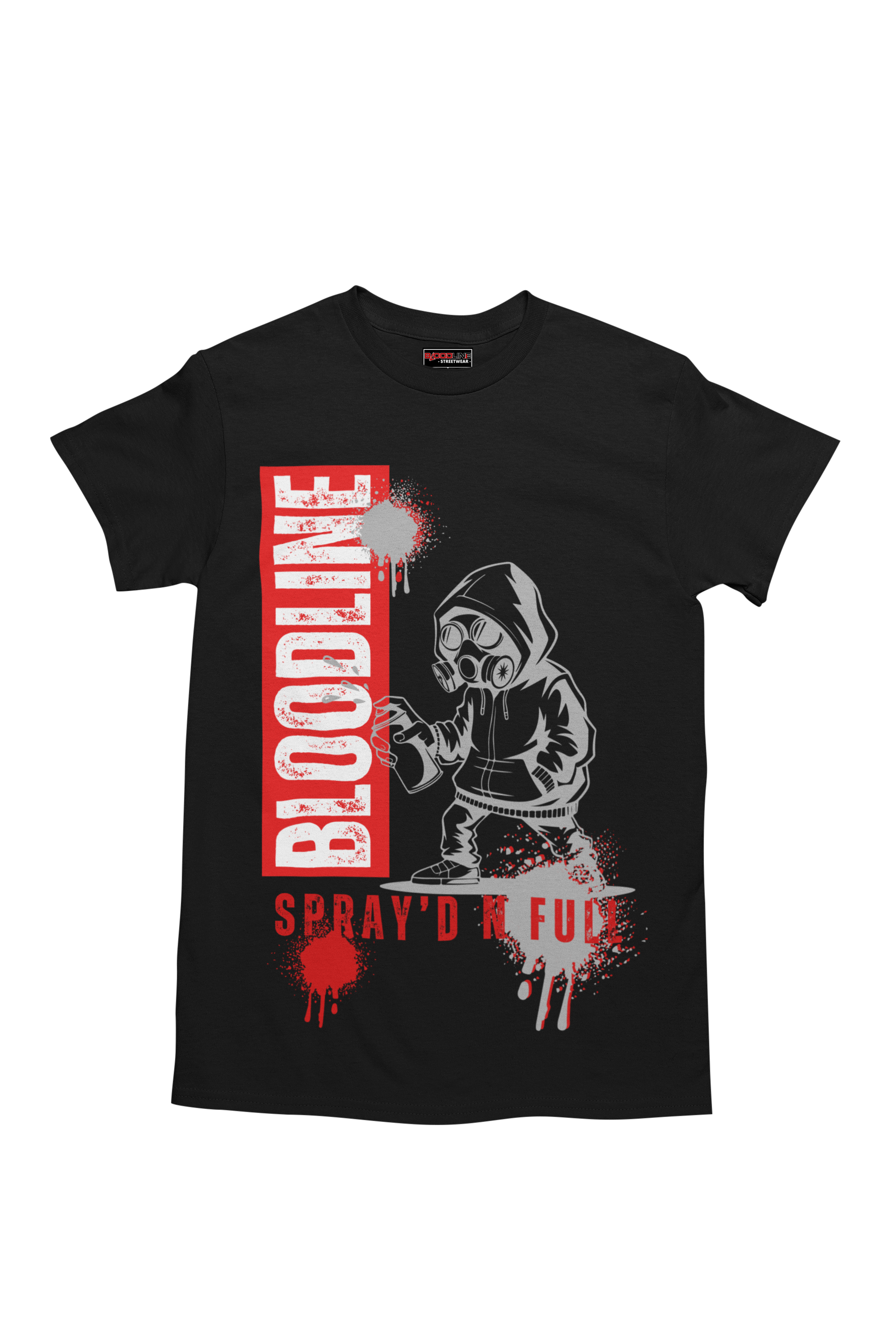 Black t-shirt with graphic design and text on a white background