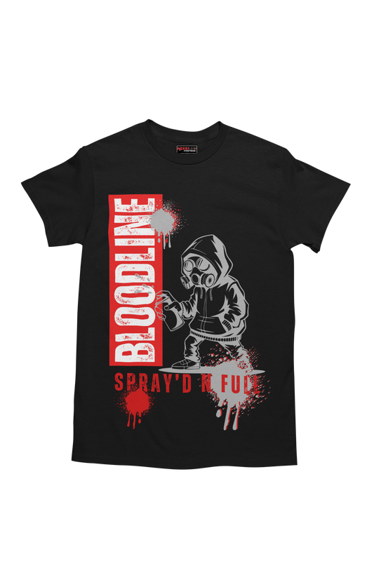 Black t-shirt with graphic design and text on a white background