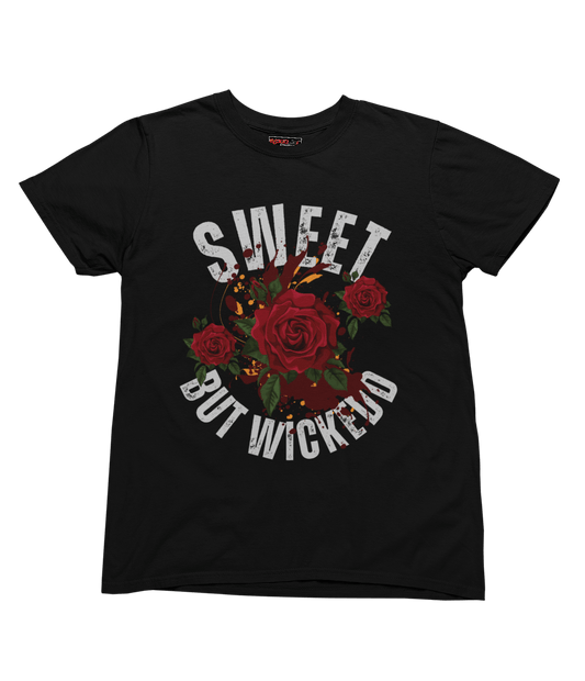 Black t-shirt with red roses and text 'Sweet But Wicked' on a transparent background