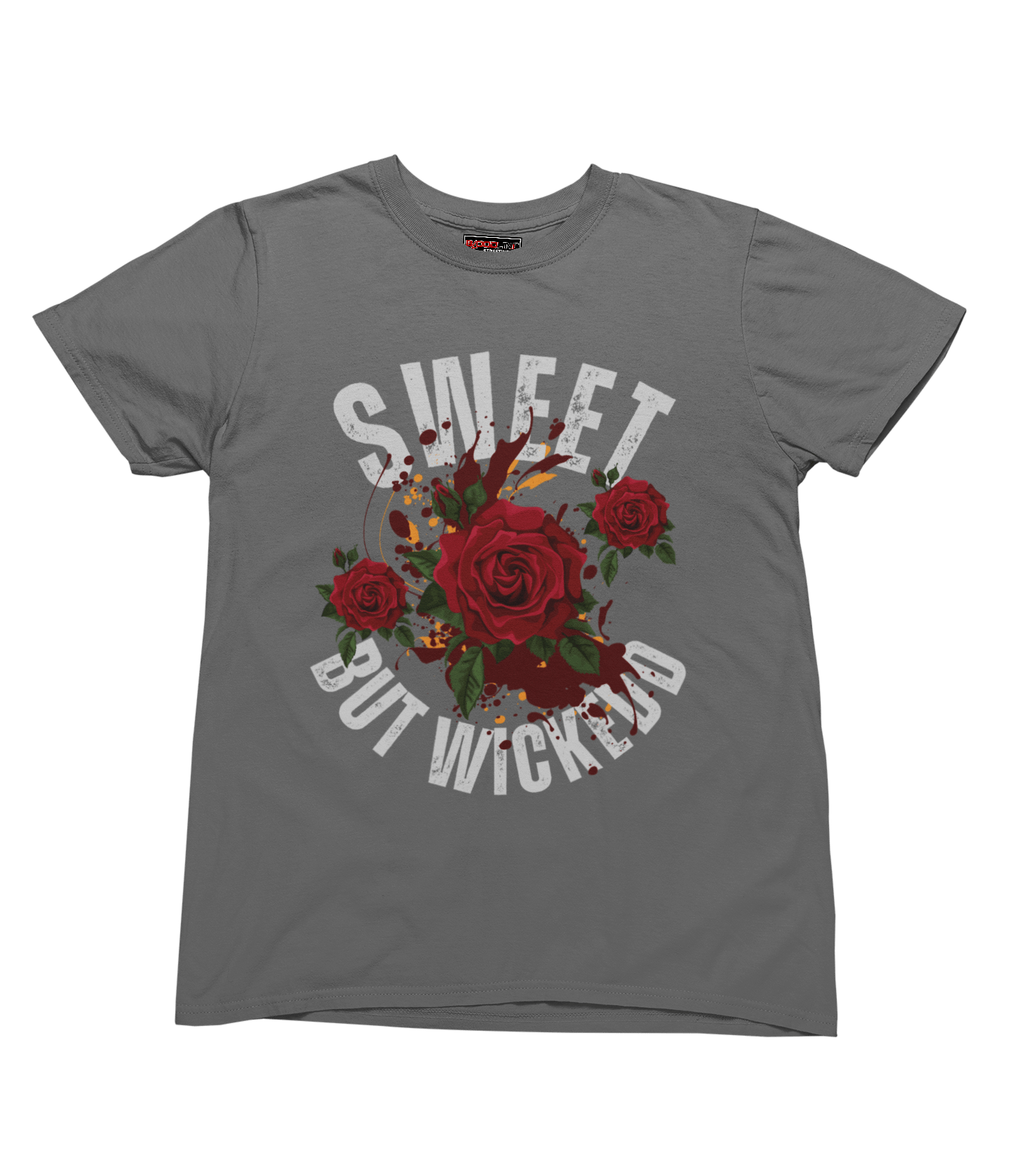 Charcoal t-shirt with floral design and text on a transparent background