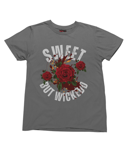 Charcoal t-shirt with floral design and text on a transparent background