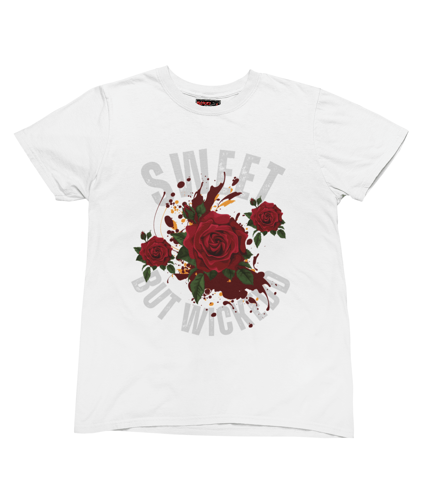 White t-shirt with red roses and text design on a green background