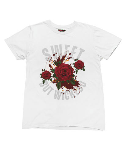 White t-shirt with red roses and text design on a green background