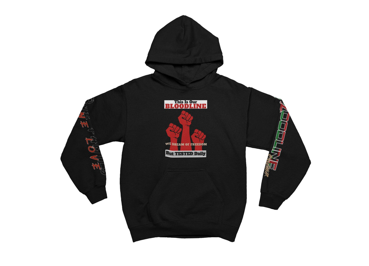 Black hoodie with graphic design on a white background
