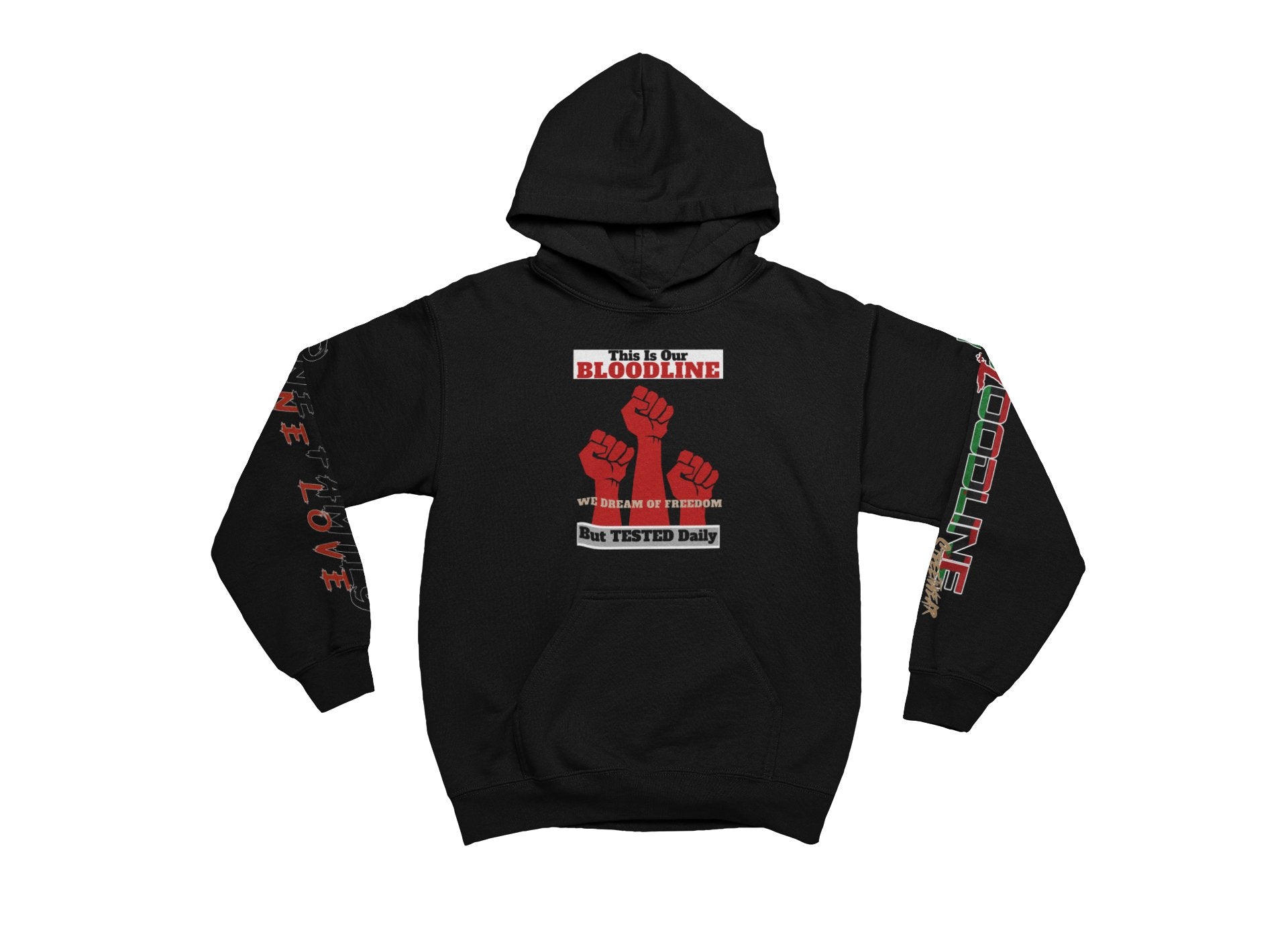 Black hoodie with graphic design on a white background