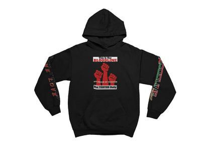 Black hoodie with graphic design on a white background