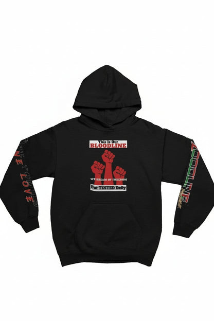 Black hoodie with red and white graphic design on a white background