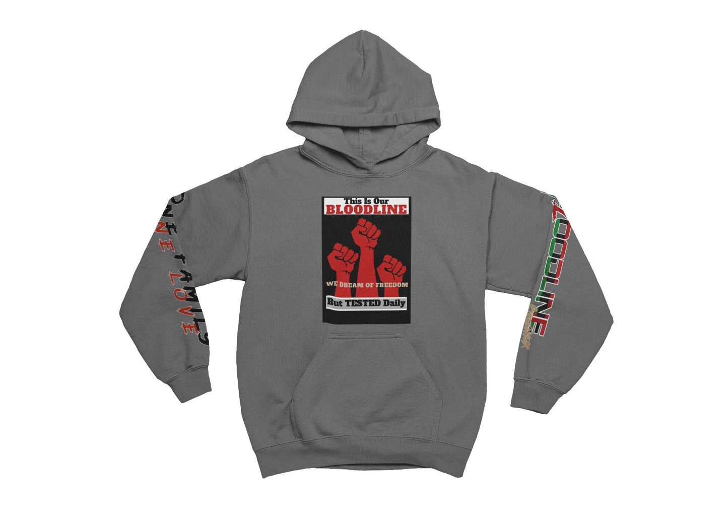 Charcoal hoodie with graphic design on sleeves and chest on a white background