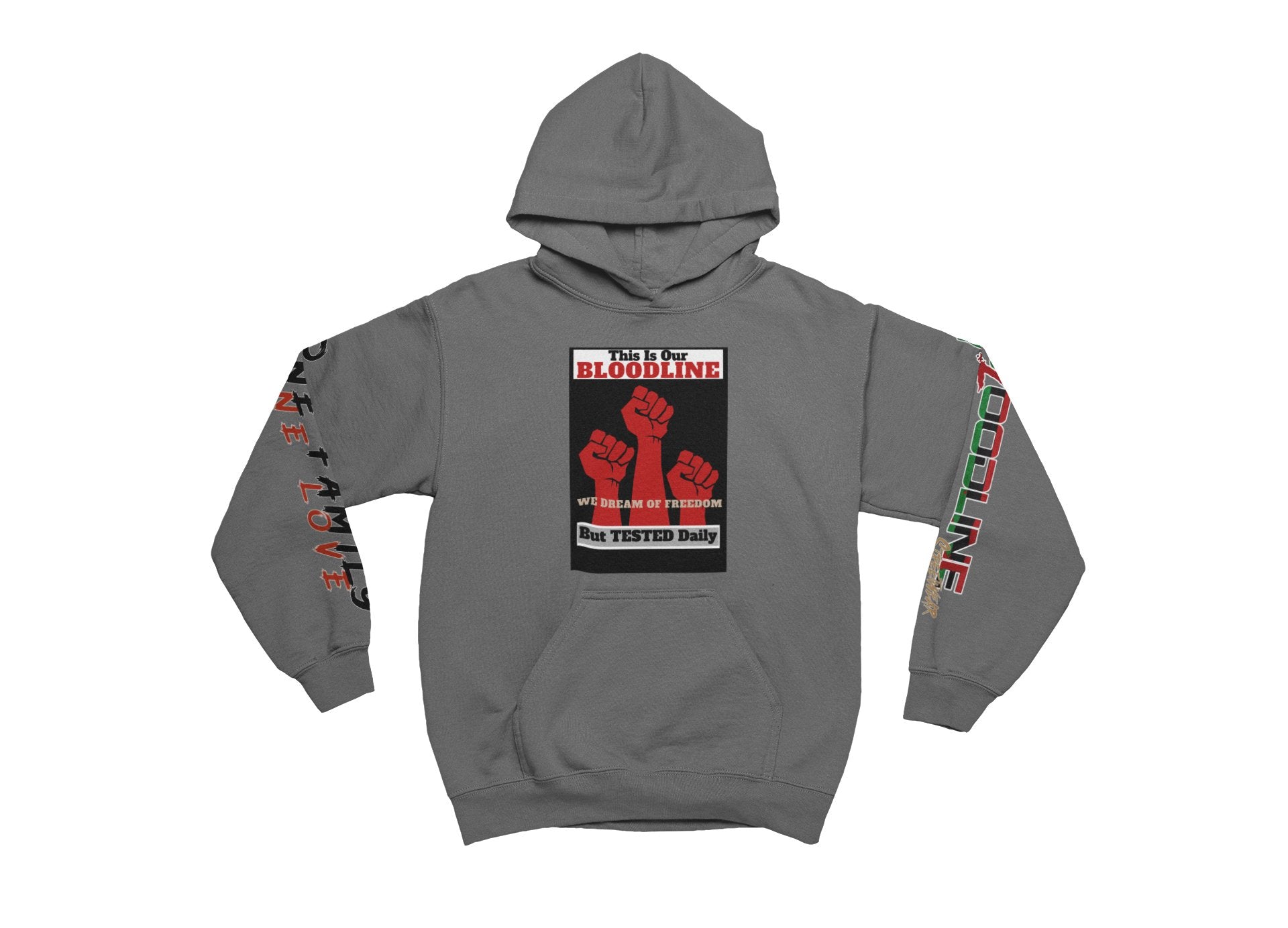Charcoal hoodie with graphic design on sleeves and chest on a white background