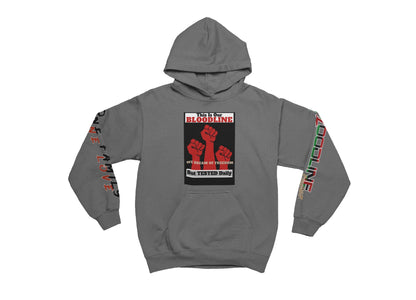 Charcoal hoodie with graphic design on sleeves and chest on a white background