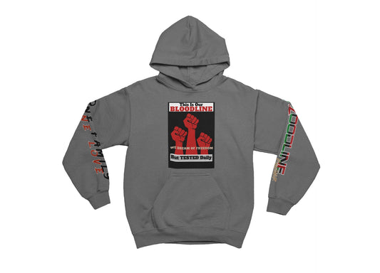 Charcoal hoodie with graphic design on sleeves and chest on a white background