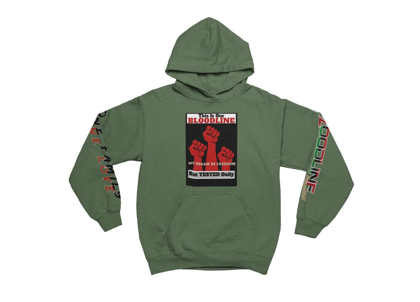 Military Green hoodie with graphic design on a white background