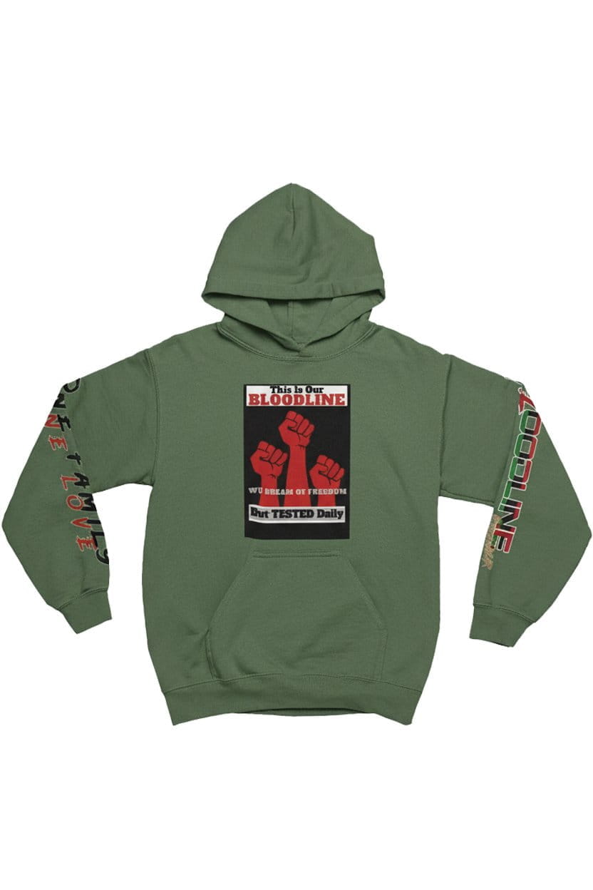 Green hoodie with graphic design on a white background