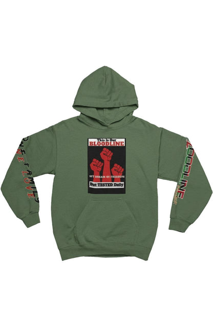 Green hoodie with graphic design on a white background