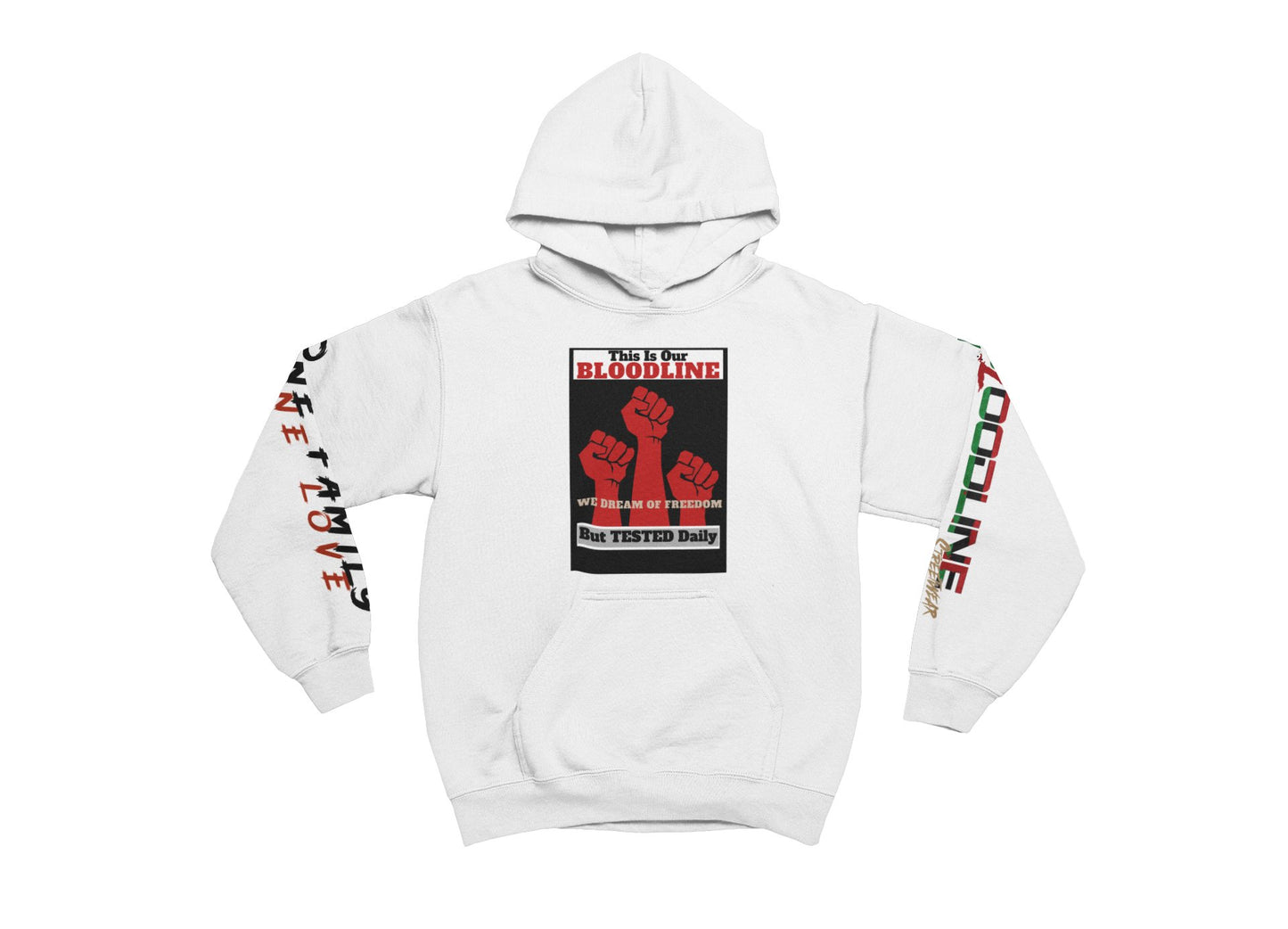 White hoodie with graphic design on a white background