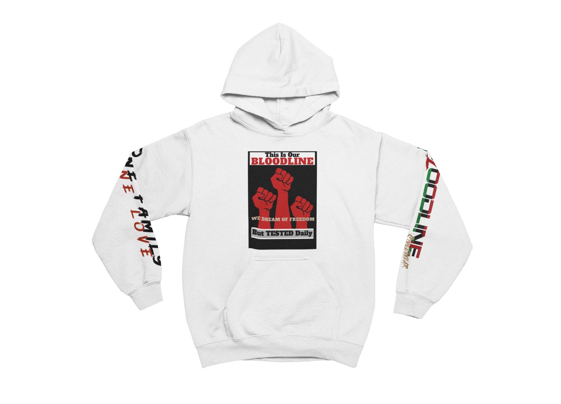 White hoodie with graphic design on a white background