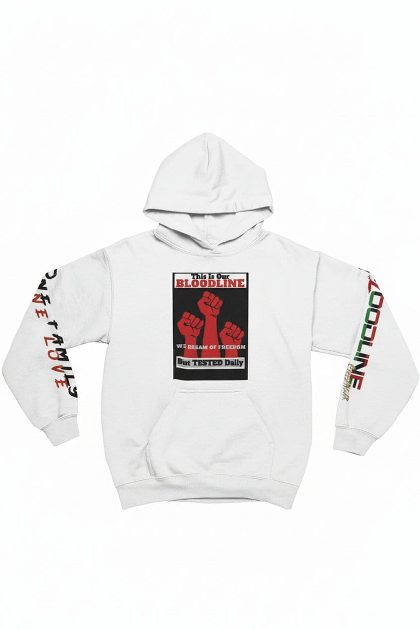 White hoodie with graphic design on a white background