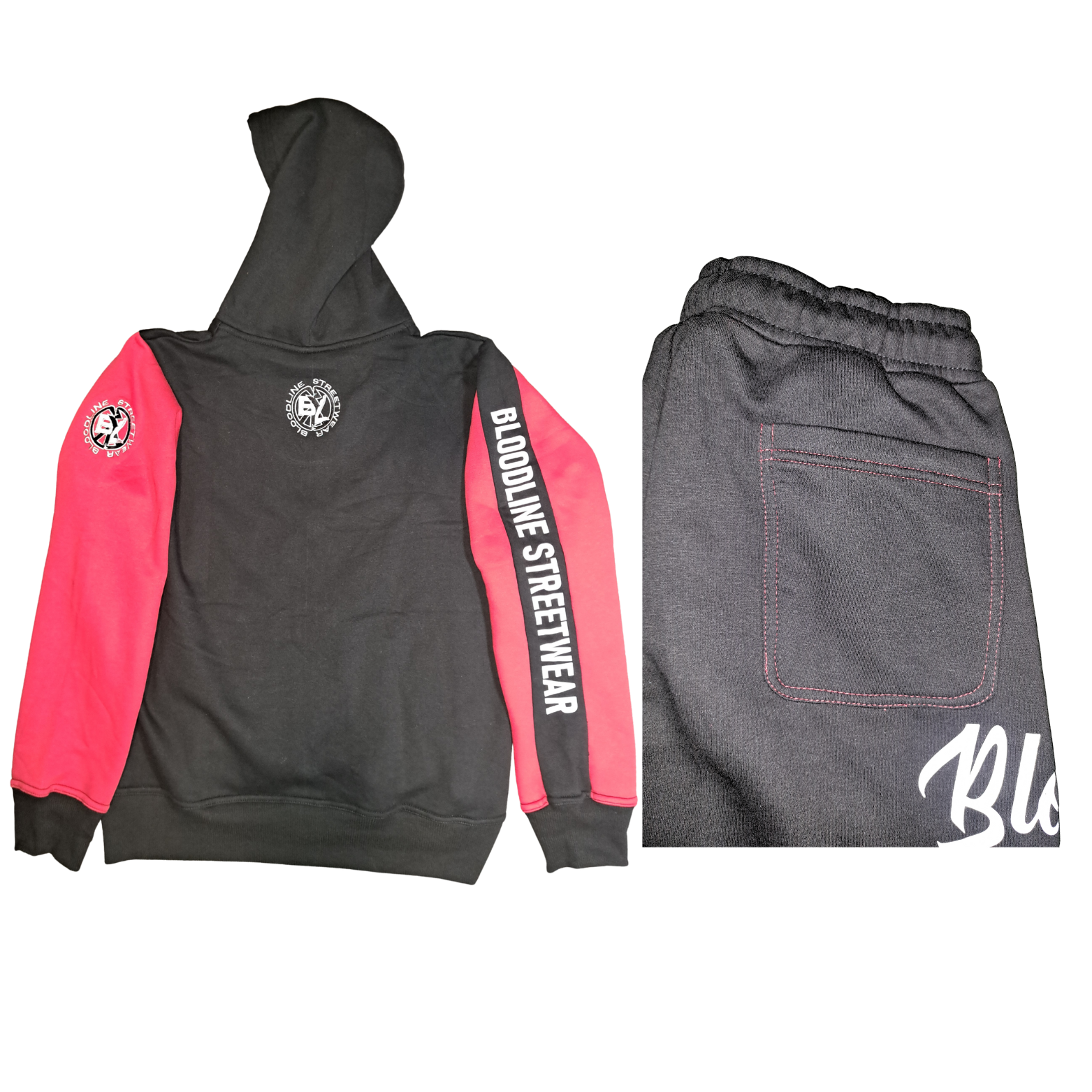Black and red hoodie with 'Bloodline Streetwear' branding, shown from the back and side, paired with gray pants.