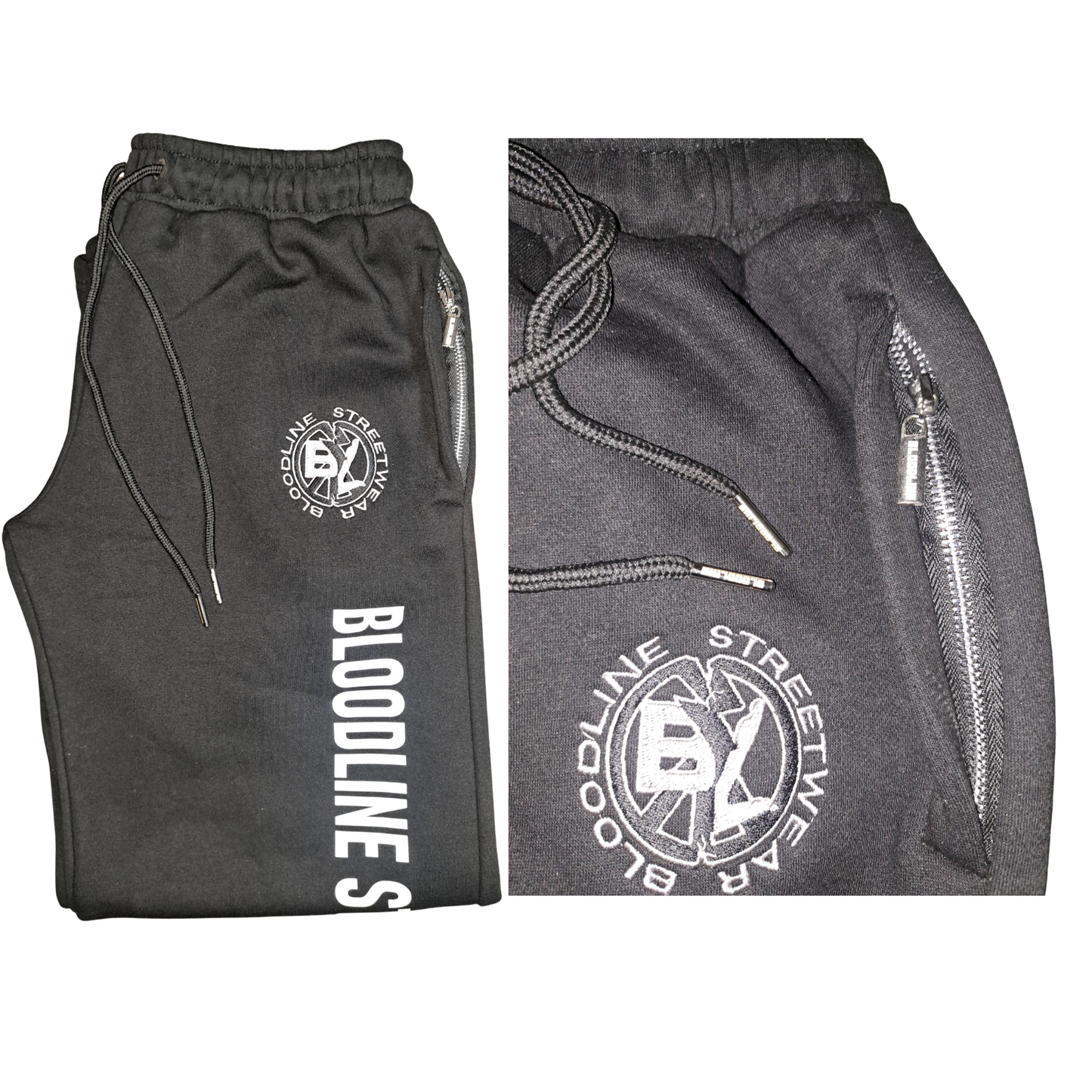 black sweatpants with branding on a white background