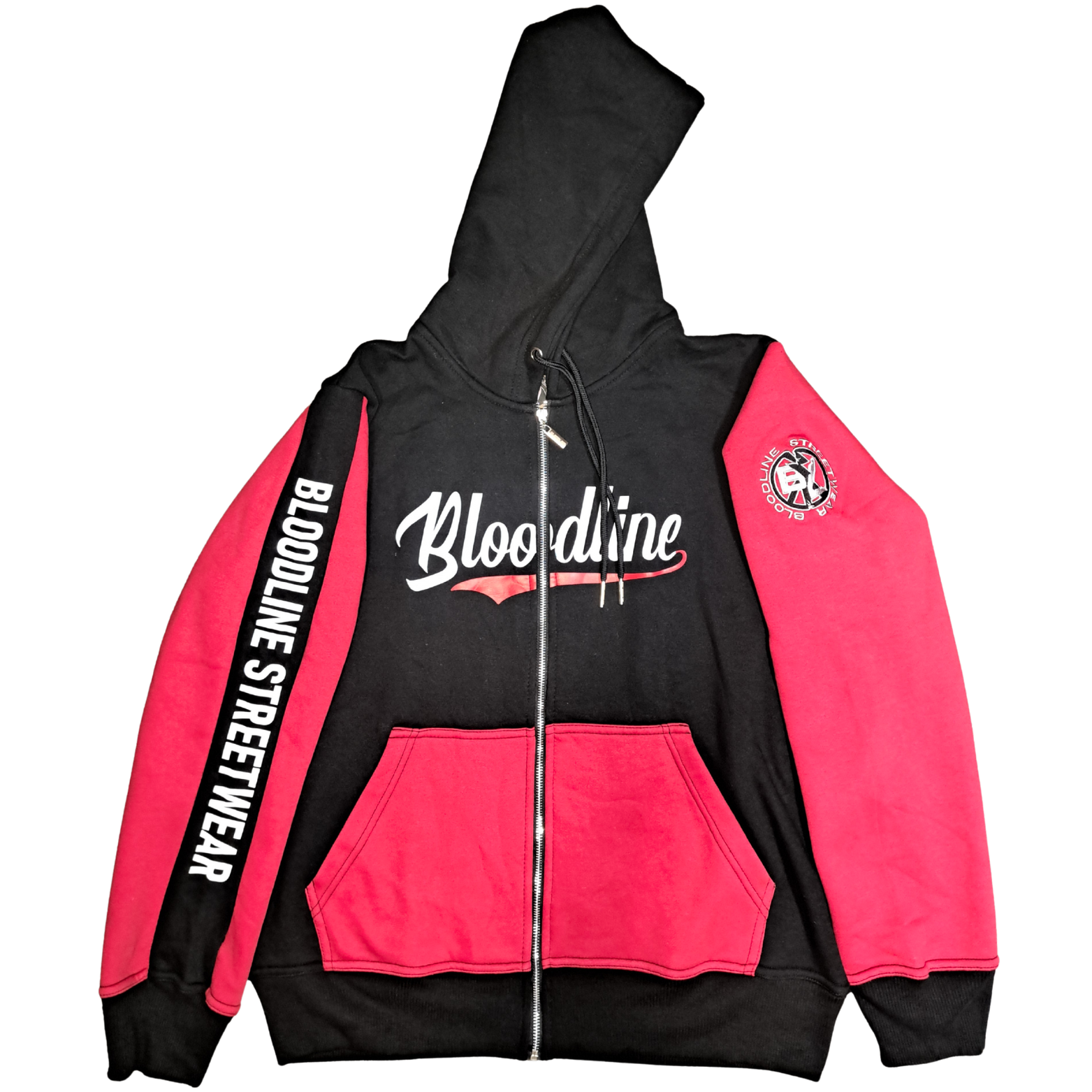 Black and red hoodie with 'Bloodline' branding on a white background