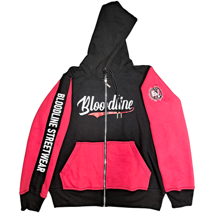 Black and red hoodie with 'Bloodline' branding on a white background