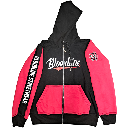Black and red hoodie with 'Bloodline' branding on a white background