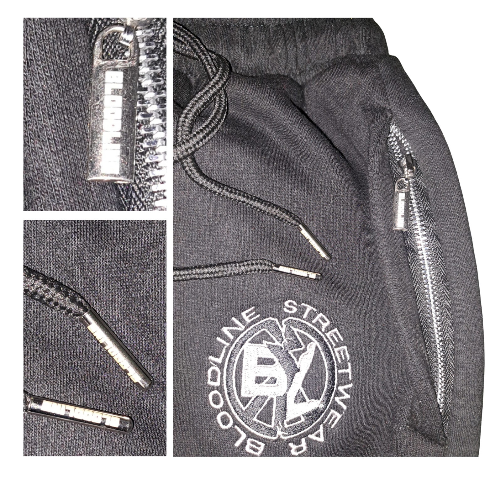 black sweatpants with zipper details and a brand logo on a white background