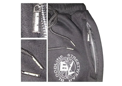 Gray pants with zippers and a brand logo on a white background