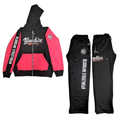 Black and pink hoodie with matching pants from Bloodline Streetwear on a white background