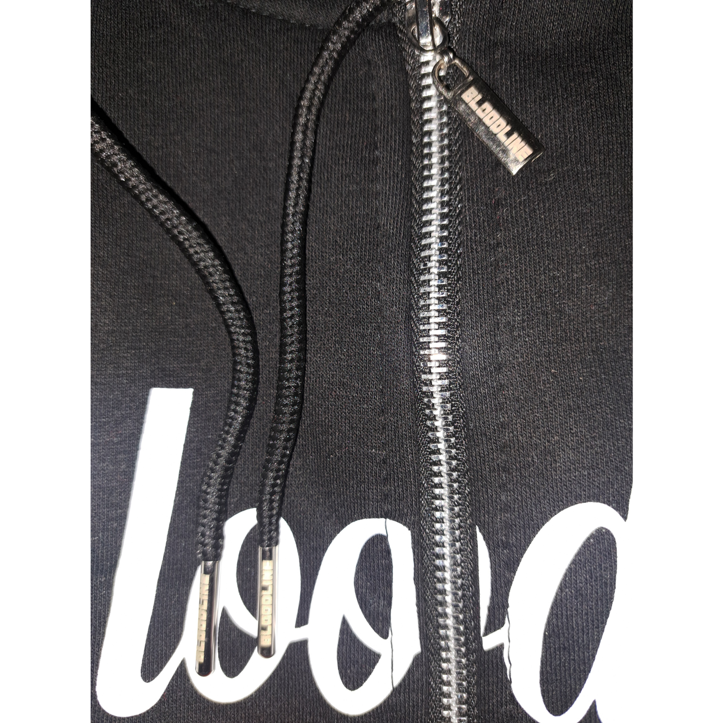 Bloodline zipper with white text and a zipper, featuring a brand logo on the chest.