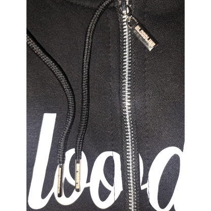 Bloodline zipper with white text and a zipper, featuring a brand logo on the chest.