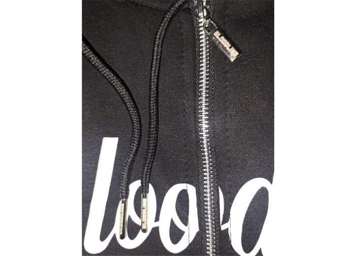 Black hoodie with white text and zippers on a white background