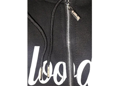 Black hoodie with white text and zippers on a white background