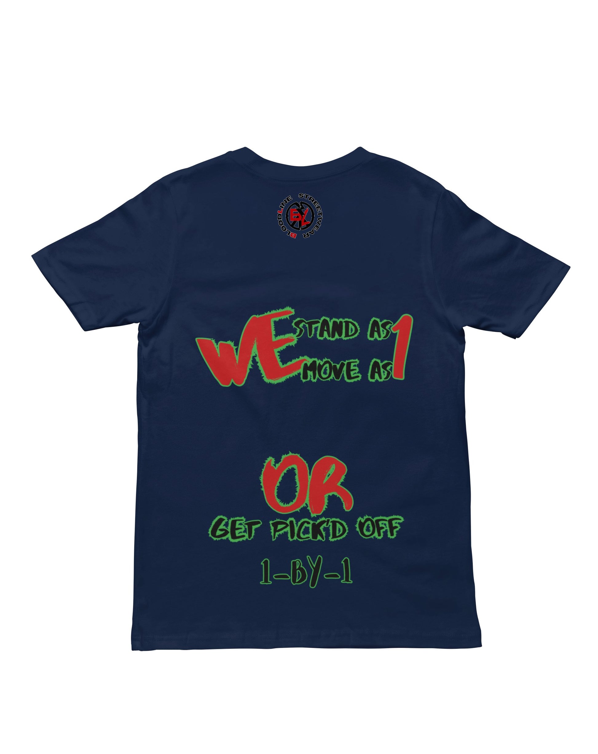 Navy blue t-shirt with colorful text and logo on a white background