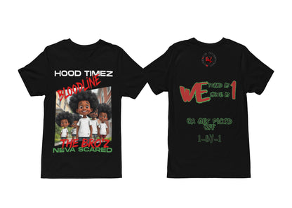 black t-shirt with graphic designs and text on a white background