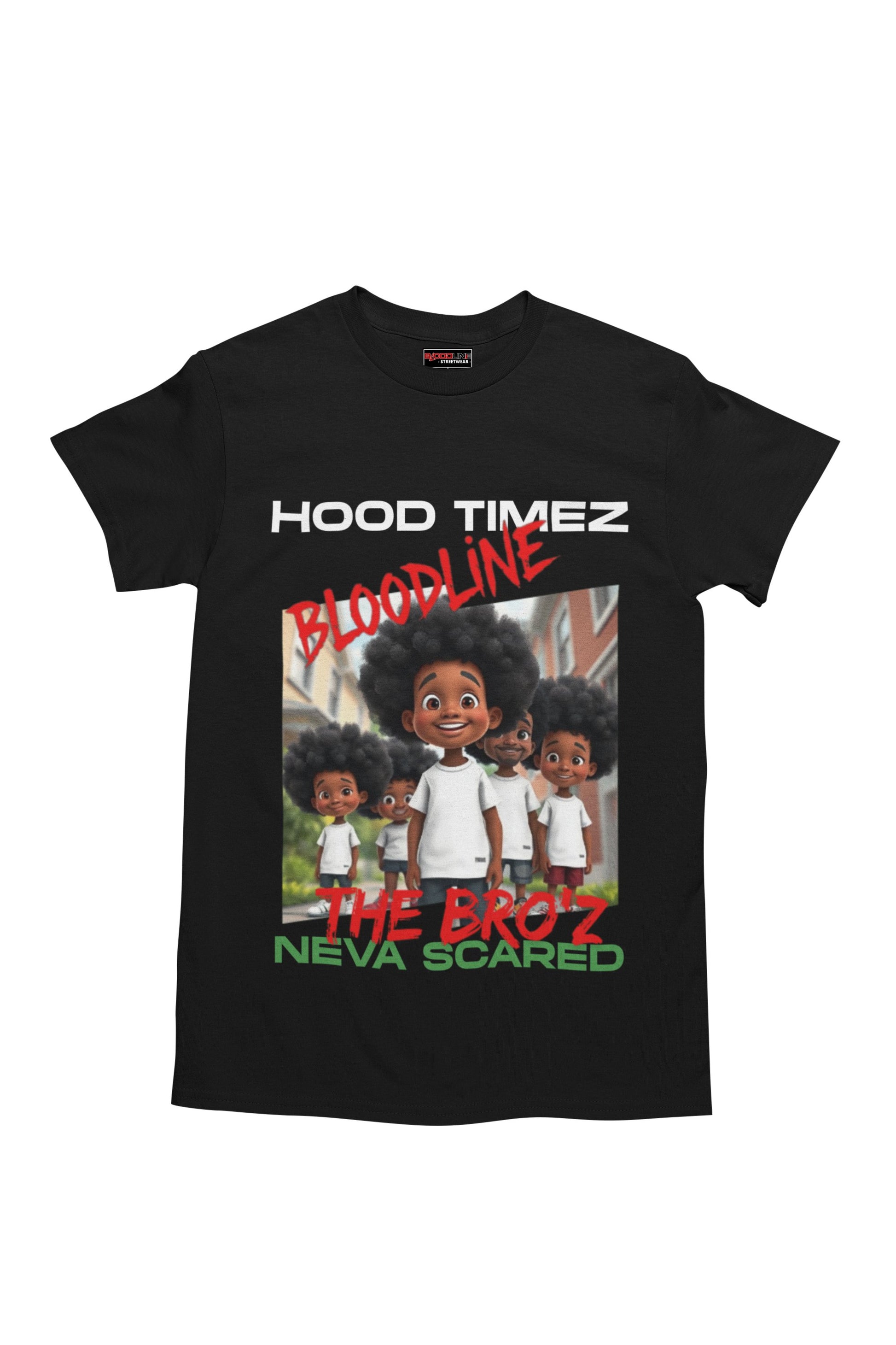 Black t-shirt with graphic design and text on a white background