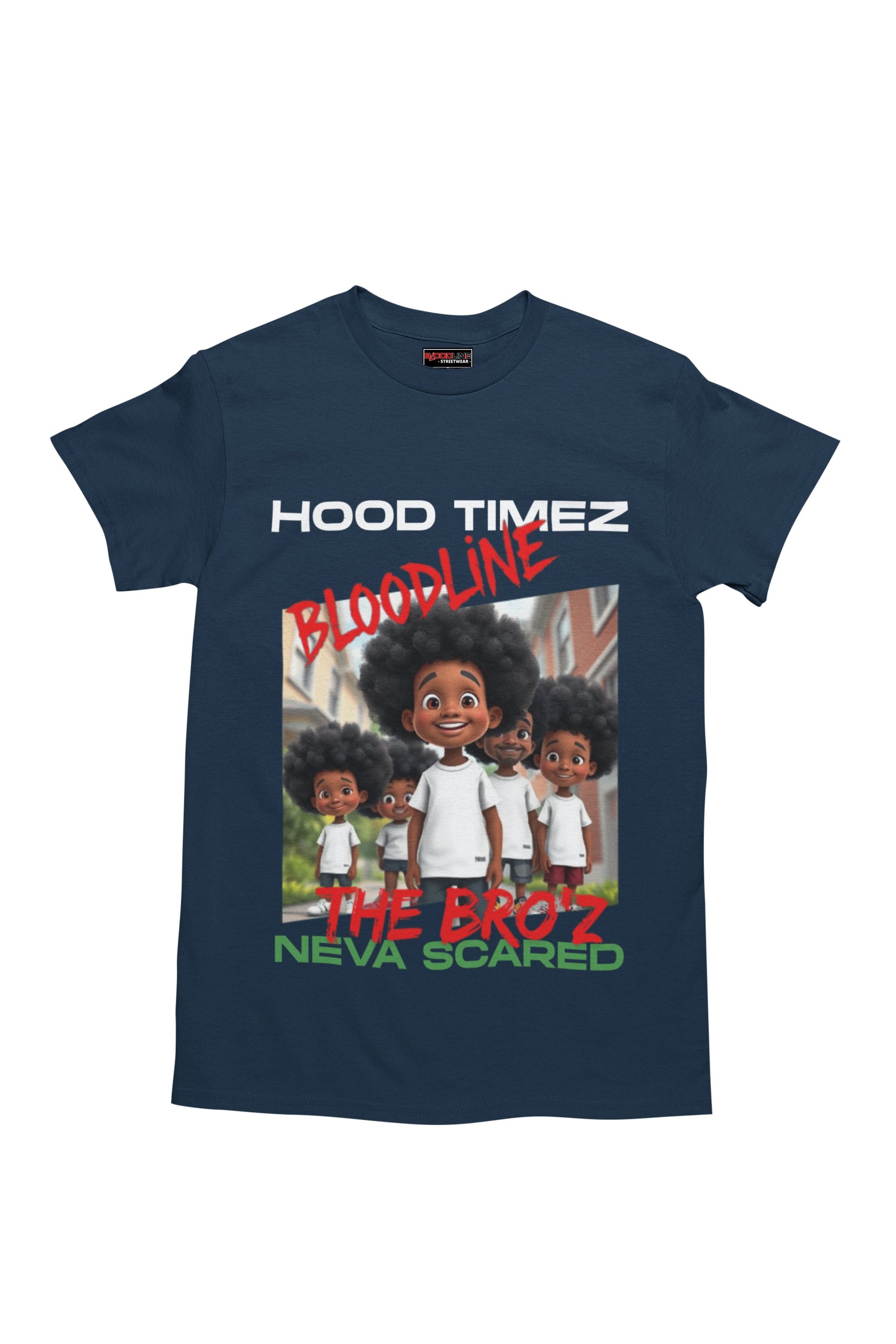 Navy blue t-shirt with graphic design and text on a white background