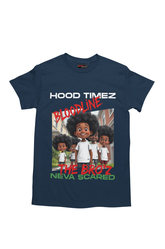 Navy blue t-shirt with graphic design and text on a white background